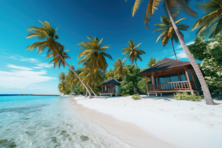 Bungalows of tropical beach with white sand, palm trees and turquoise waters.の素材