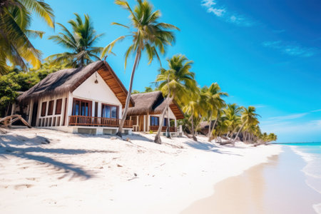 Bungalows of tropical beach with white sand, palm trees and turquoise waters.の素材