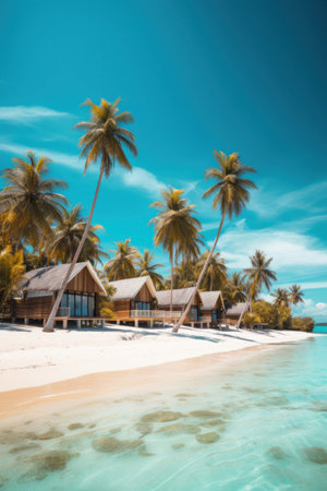 Bungalows of tropical beach with white sand, palm trees and turquoise waters.の素材