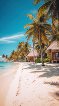 Bungalows of tropical beach with white sand, palm trees and turquoise waters.の素材