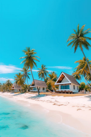 Bungalows of tropical beach with white sand, palm trees and turquoise waters.の素材