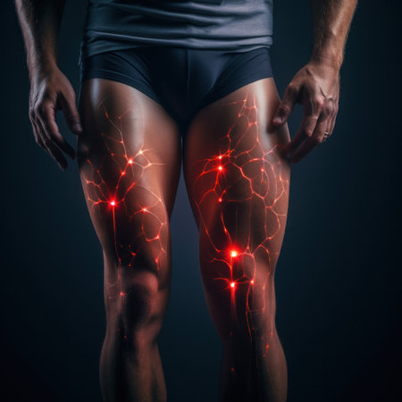 Close up knee of a sportsman with red pain spots.の素材