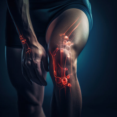 Close up knee of a sportsman with red pain spots.の素材