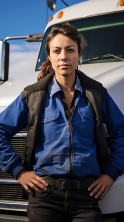 A confident female delivery truck driver.の素材