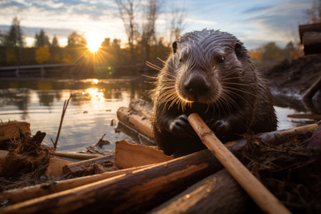 A beaver working on building a dam with found wood on a lake, natural habitat.の素材