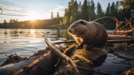 A beaver working on building a dam with found wood on a lake, natural habitat.の素材