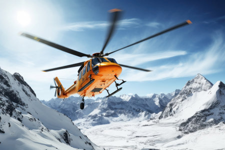 A rescue helicopter flies over snowy mountains.の素材