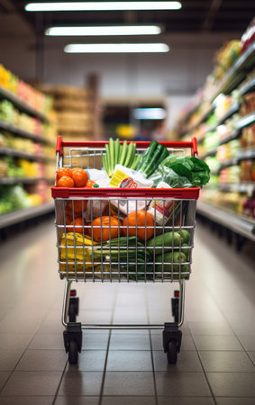 A point view of shopping cart full of groceries in a grocery store. Supermarket, Shopping concept.の素材