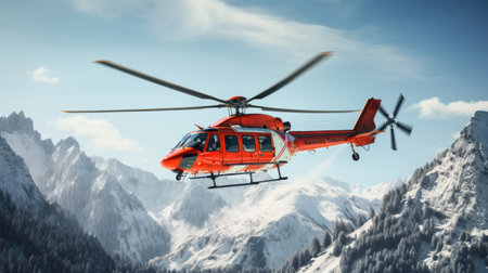 A rescue helicopter flies over snowy mountains.の素材