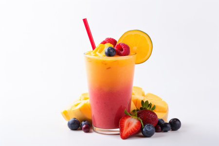 Fresh fruit smoothies fruits orange juice drink straw in a cup on white background.の素材