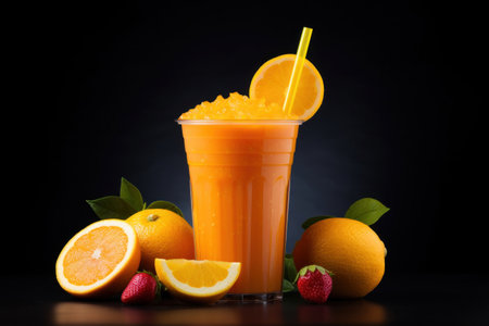 Fresh fruit smoothies fruits orange juice drink straw in a cup on white background.の素材