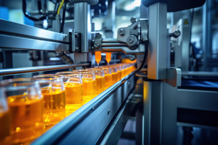 Belt or line in a fresh orange beverage with modern automated industrial machine equipment, Bottling plant and colorful juice beverage plastic bottle in the factory.の素材