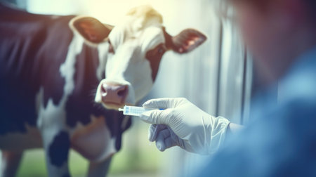Close up hand of a veterinarian gives injection syringe to cow. Concept vaccine for health care of cattle on livestock farm.の素材