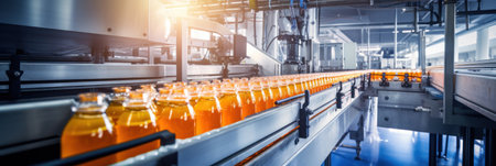 Belt or line in a fresh orange beverage with modern automated industrial machine equipment, Bottling plant and colorful juice beverage plastic bottle in the factory.の素材