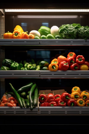 Close up of Fruits and Vegetables on shelf in supermarket.の素材