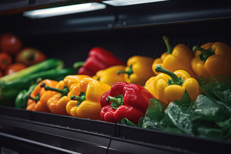 Close up of Fruits and Vegetables on shelf in supermarket.の素材