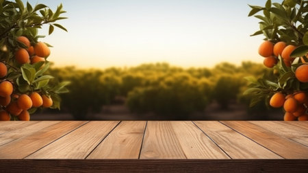 Empty wood table with free space over orange trees, orange field background.の素材