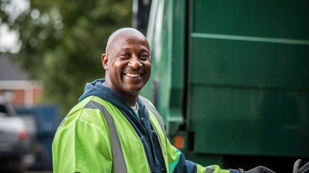 A happy male waste management expert working outdoors.の素材