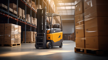 Automated forklift fetching boxes in a modern warehouse.の素材