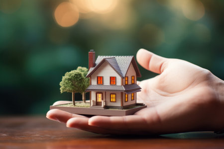 Close up of Small house in a human hand, Investment and real estate concept.の素材