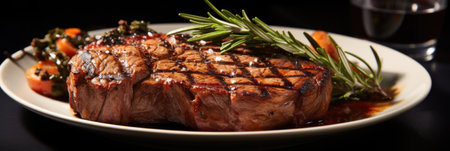 Grilled medium rib eye steak with rosemary and pepper on plate.の素材