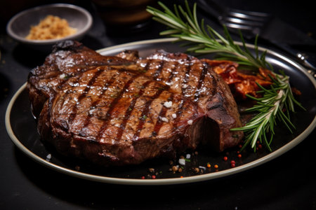 Grilled medium rib eye steak with rosemary and pepper on plate.の素材