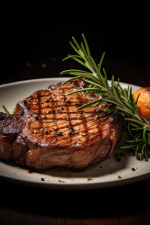 Grilled medium rib eye steak with rosemary and pepper on plate.の素材