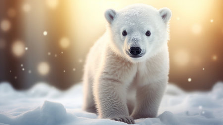 A cute baby polar bear in snow winter.の素材
