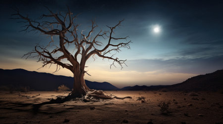 A dry tree in the middle of the desert under the stars.の素材