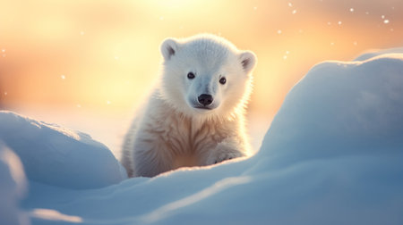 A cute baby polar bear in snow winter.の素材
