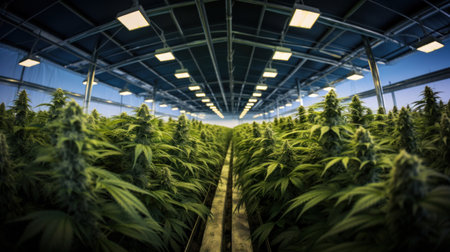 Cannabis grow in green house. Rows of plants.の素材