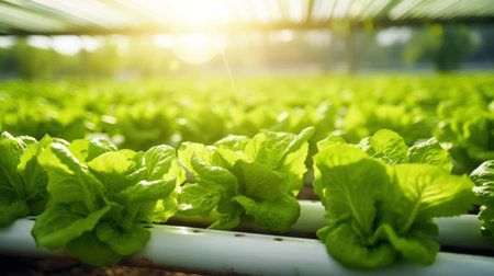 Green oaks lettuce in green house hydroponic farm. Healthy food concept.の素材