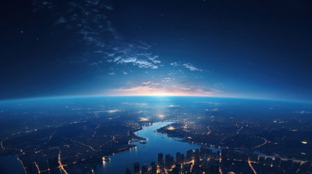 Planet Earth globe from space. Glowing city lights, light clouds.の素材