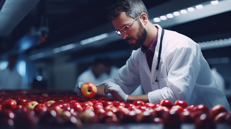 A technologist in food processing factory controlling process of apple fruit selection and production.の素材