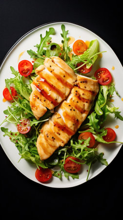 Chicken fillet with salad. Healthy food, keto diet, diet lunch concept. Top viewの素材