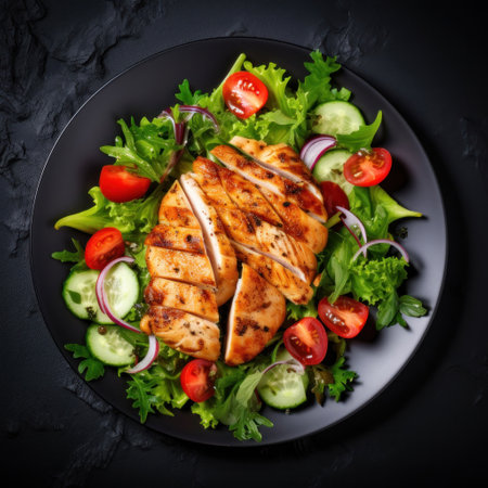 Chicken fillet with salad. Healthy food, keto diet, diet lunch concept. Top viewの素材
