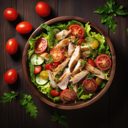 Fresh salad with chicken, tomatoes and mixed greens on wooden background. Healthy food. Top viewの素材