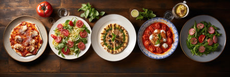 Group of italian meals on plates pizza, pasta, ravioli, carpaccio. caprese salad and tomato bruschetta on wood background. Top viewの素材