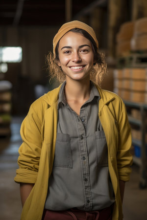 Portrait of a young woman food plant worker smiling at the camera.の素材