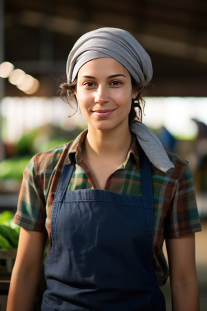 Portrait of a young woman food plant worker smiling at the camera.の素材