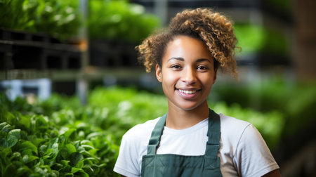 Portrait of a young woman food plant worker smiling at the camera.の素材