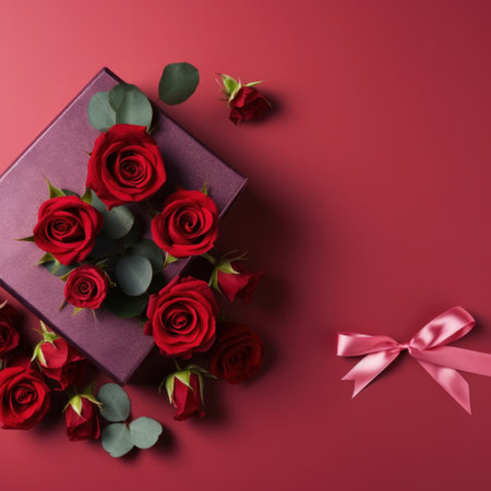 Beautiful gift box and roses on red background, flat lay with space for text. Valentine's day. Top viewの素材