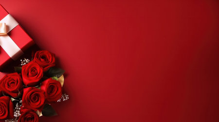 Beautiful gift box and roses on red background, flat lay with space for text. Valentine's day. Top viewの素材