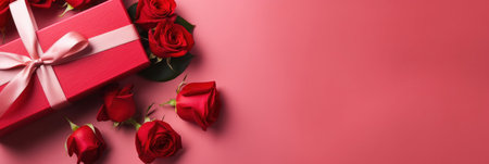 Beautiful gift box and roses on red background, flat lay with space for text. Valentine's day. Top viewの素材