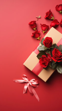 Beautiful gift box and roses on red background, flat lay with space for text. Valentine's day. Top viewの素材