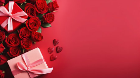 Beautiful gift box and roses on red background, flat lay with space for text. Valentine's day. Top viewの素材