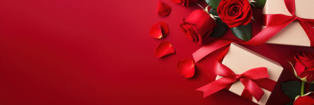 Beautiful gift box and roses on red background, flat lay with space for text. Valentine's day. Top viewの素材