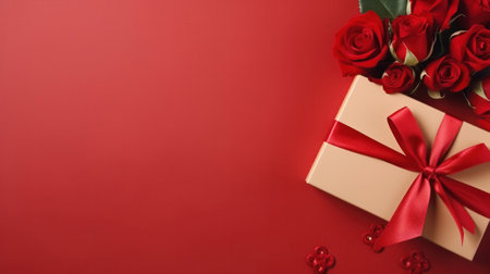 Beautiful gift box and roses on red background, flat lay with space for text. Valentine's day. Top viewの素材
