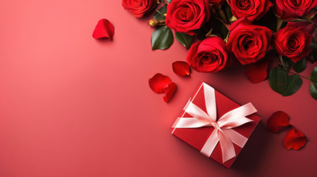 Beautiful gift box and roses on red background, flat lay with space for text. Valentine's day. Top viewの素材