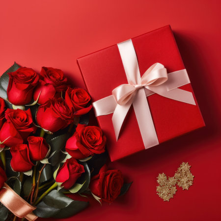 Beautiful gift box and roses on red background, flat lay with space for text. Valentine's day. Top viewの素材